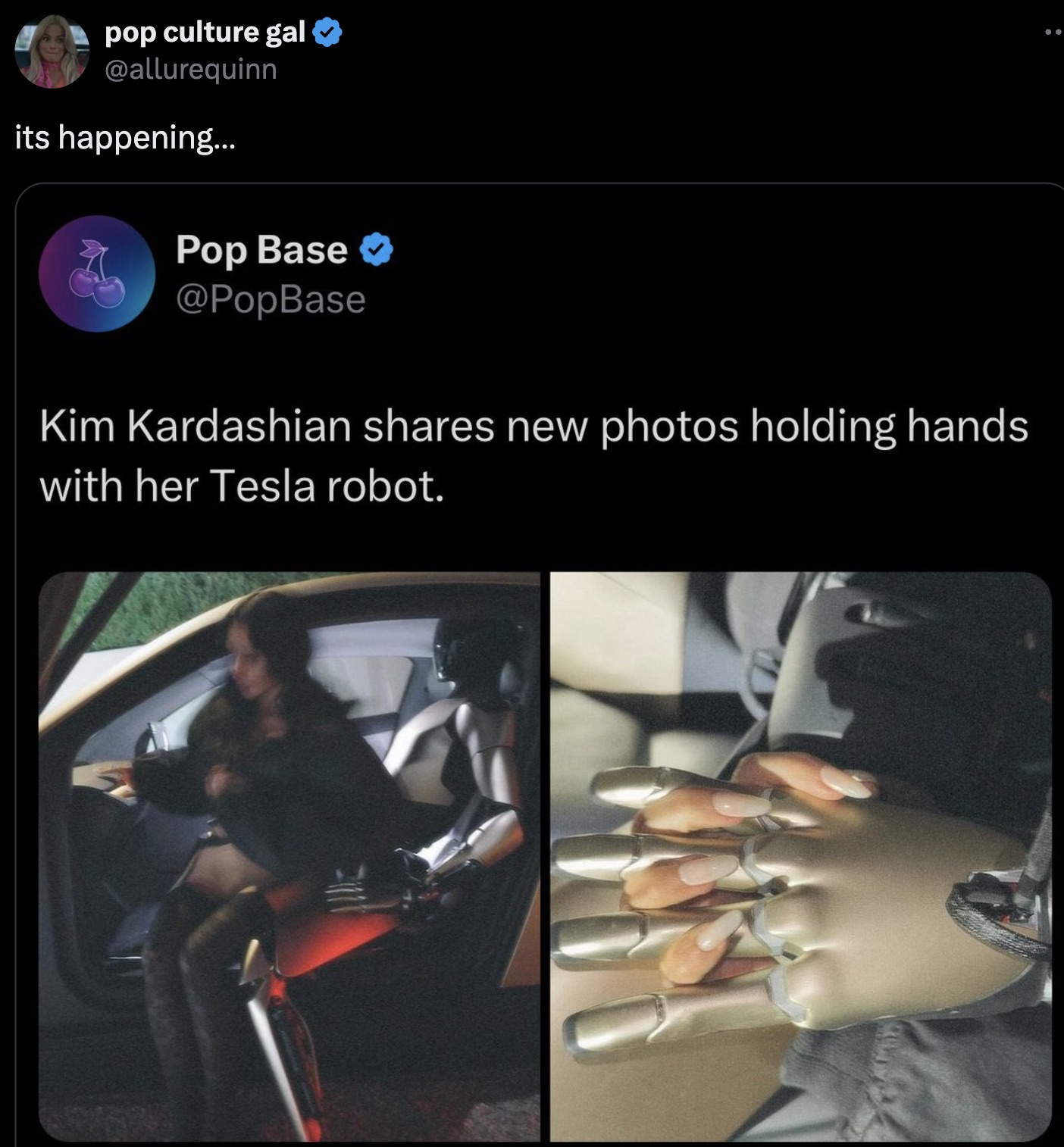 Photograph - pop culture gal its happening... Pop Base Kim Kardashian new photos holding hands with her Tesla robot.